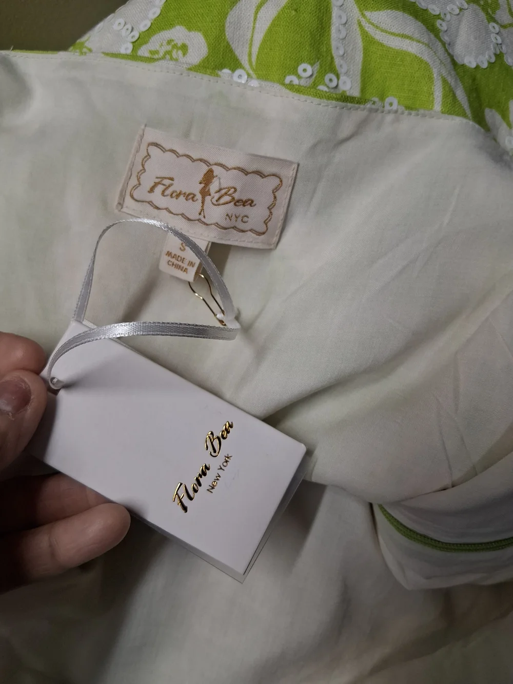 Flora Bea Floral Green Linen & Cotton Dress with Sequins NWT